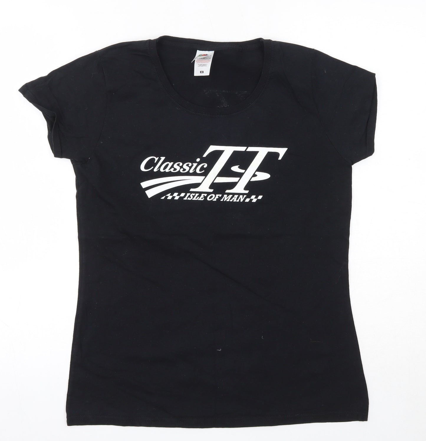 Fruit of the Loom Womens Black  100% Cotton Basic T-Shirt Size M Round Neck - Isle of Man TT