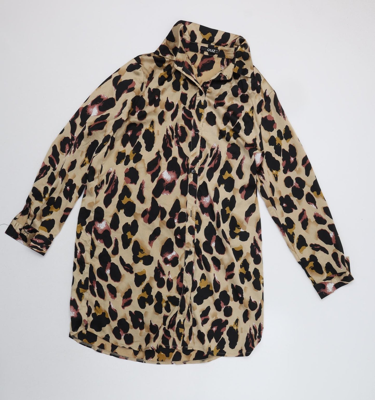 Quiz Womens Beige Animal Print Polyester Shirt Dress  Size 12  Collared Button
