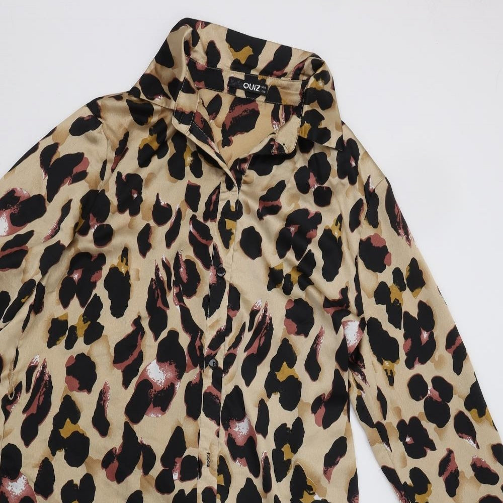 Quiz Womens Beige Animal Print Polyester Shirt Dress  Size 12  Collared Button