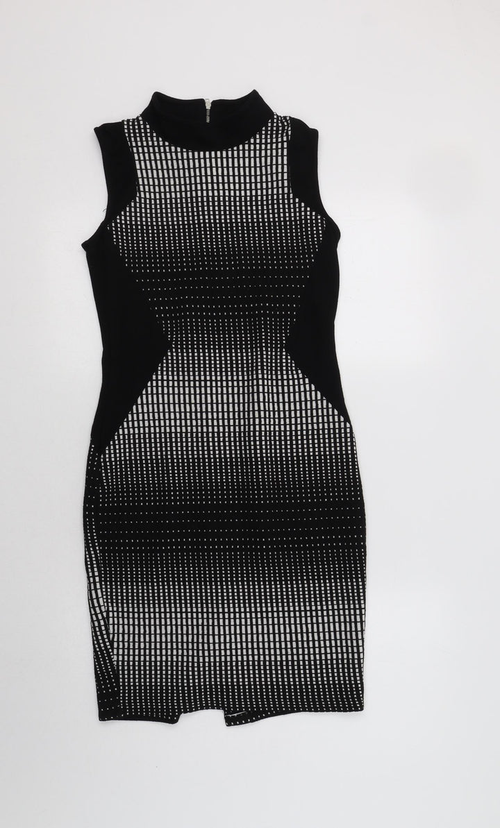 NEXT Womens Black Geometric Cotton Bodycon Size 8 Mock Neck Zip