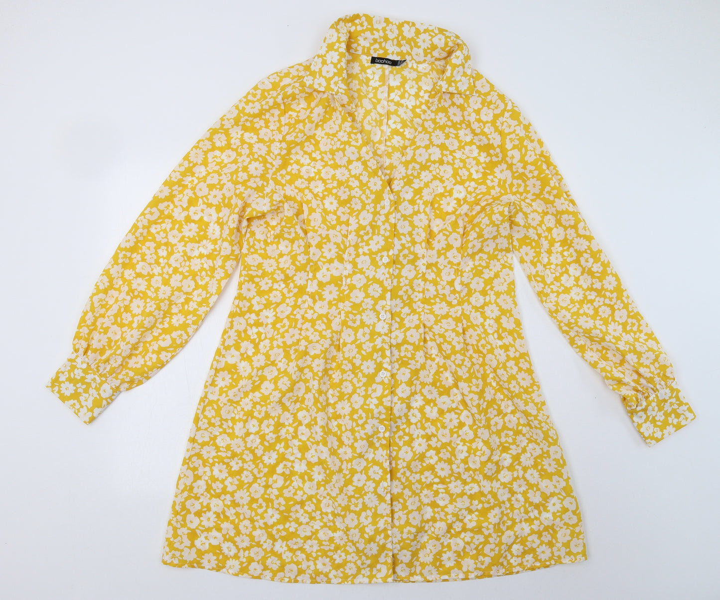 Boohoo Womens Yellow Floral Polyester Shirt Dress  Size 16  Collared Button