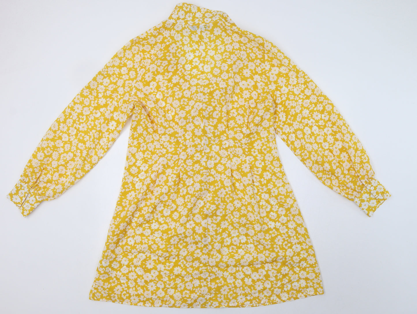 Boohoo Womens Yellow Floral Polyester Shirt Dress  Size 16  Collared Button