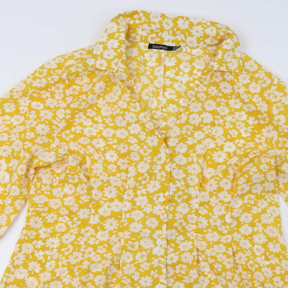 Boohoo Womens Yellow Floral Polyester Shirt Dress  Size 16  Collared Button