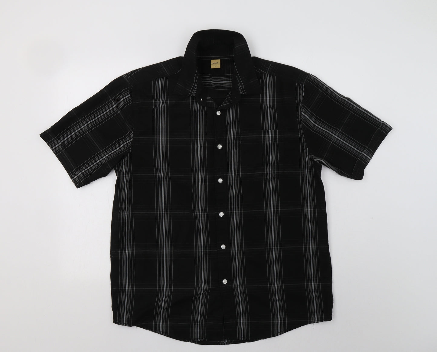 Oak Valley Mens Black Check Polyester  Button-Up Size M Collared Button
