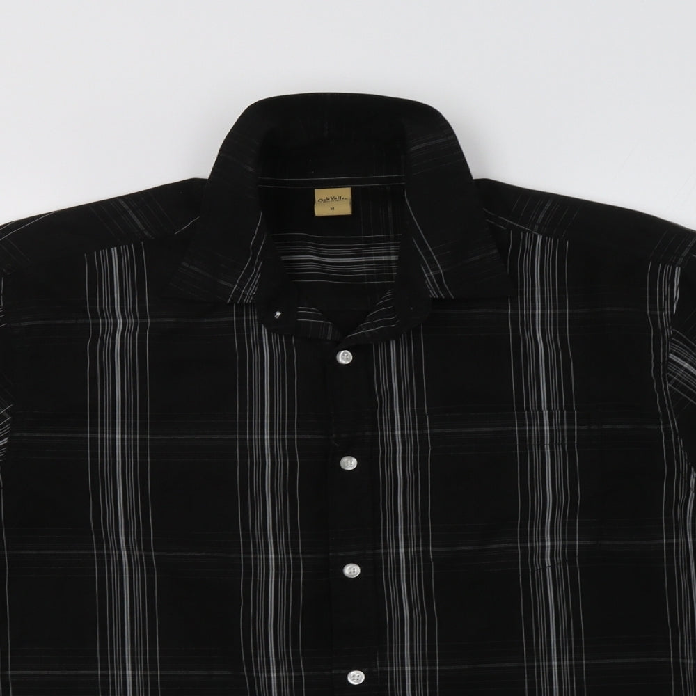Oak Valley Mens Black Check Polyester  Button-Up Size M Collared Button