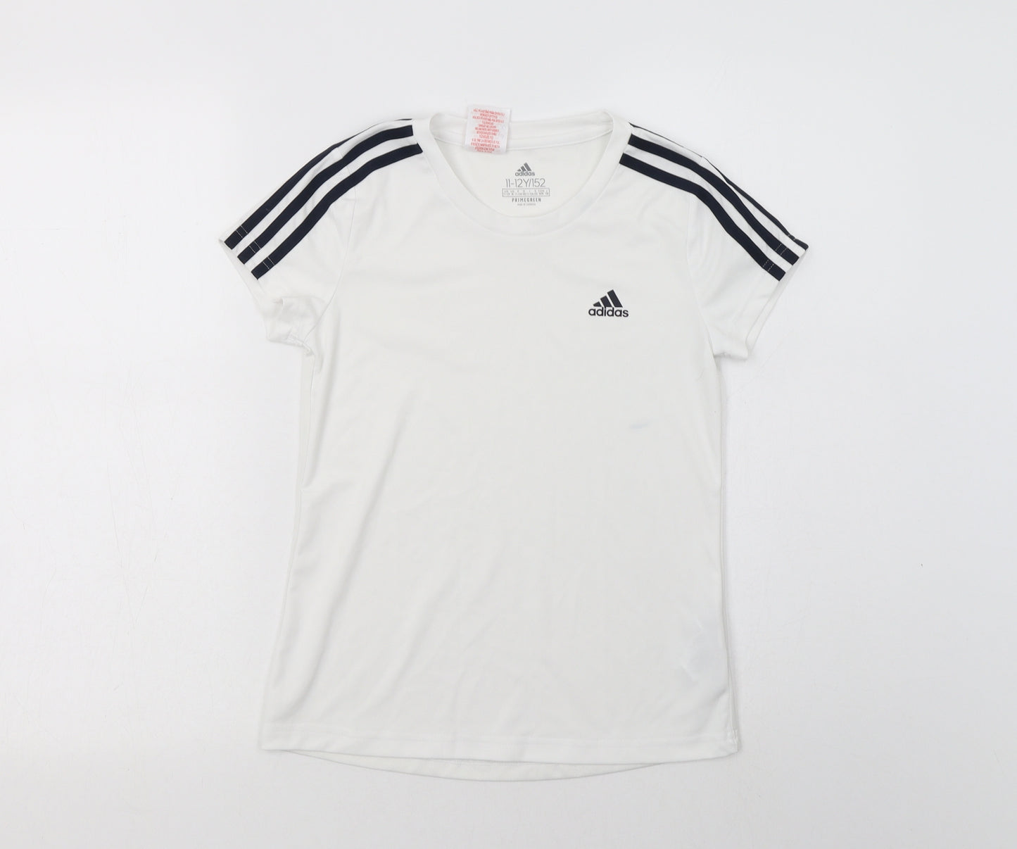 adidas Girls White Striped Polyester Basic T-Shirt Size 11-12 Years Crew Neck