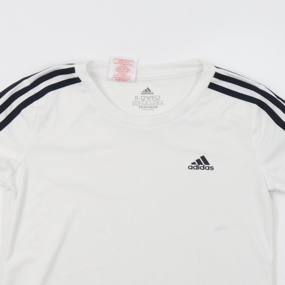 adidas Girls White Striped Polyester Basic T-Shirt Size 11-12 Years Crew Neck