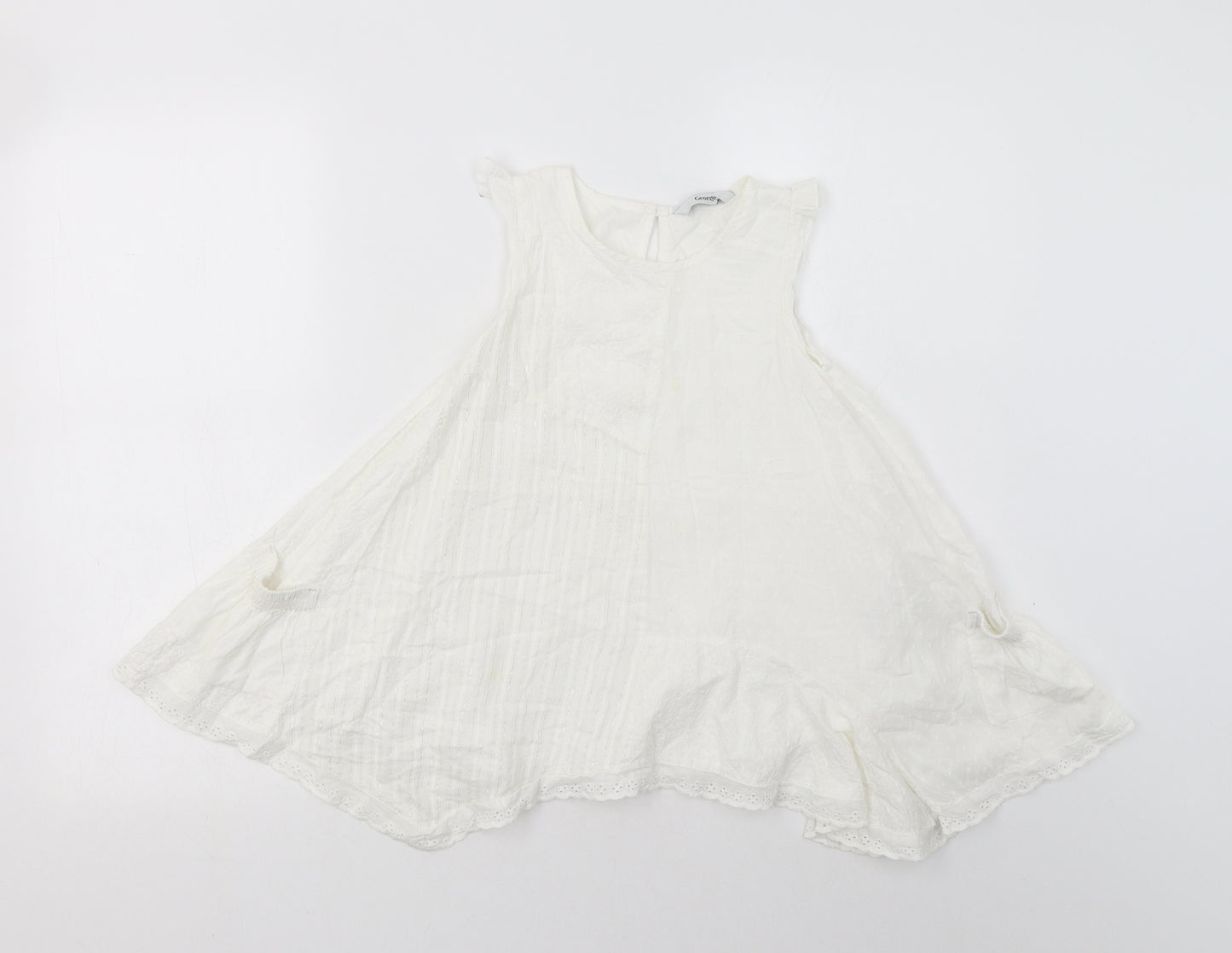 George Girls White  Cotton A-Line  Size 5-6 Years  Crew Neck Button