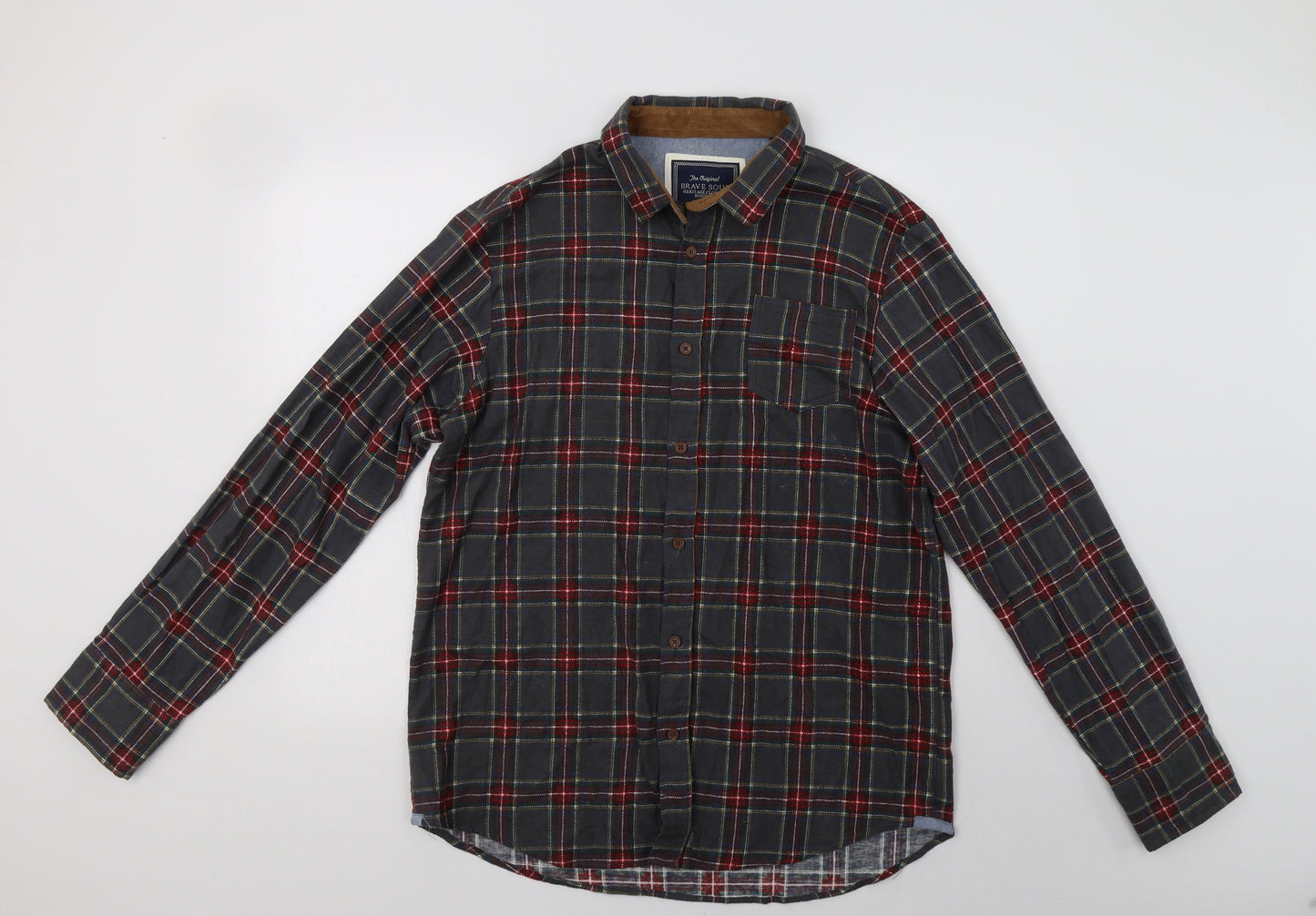 Brave Soul Mens Grey Check Cotton  Button-Up Size L Collared Button