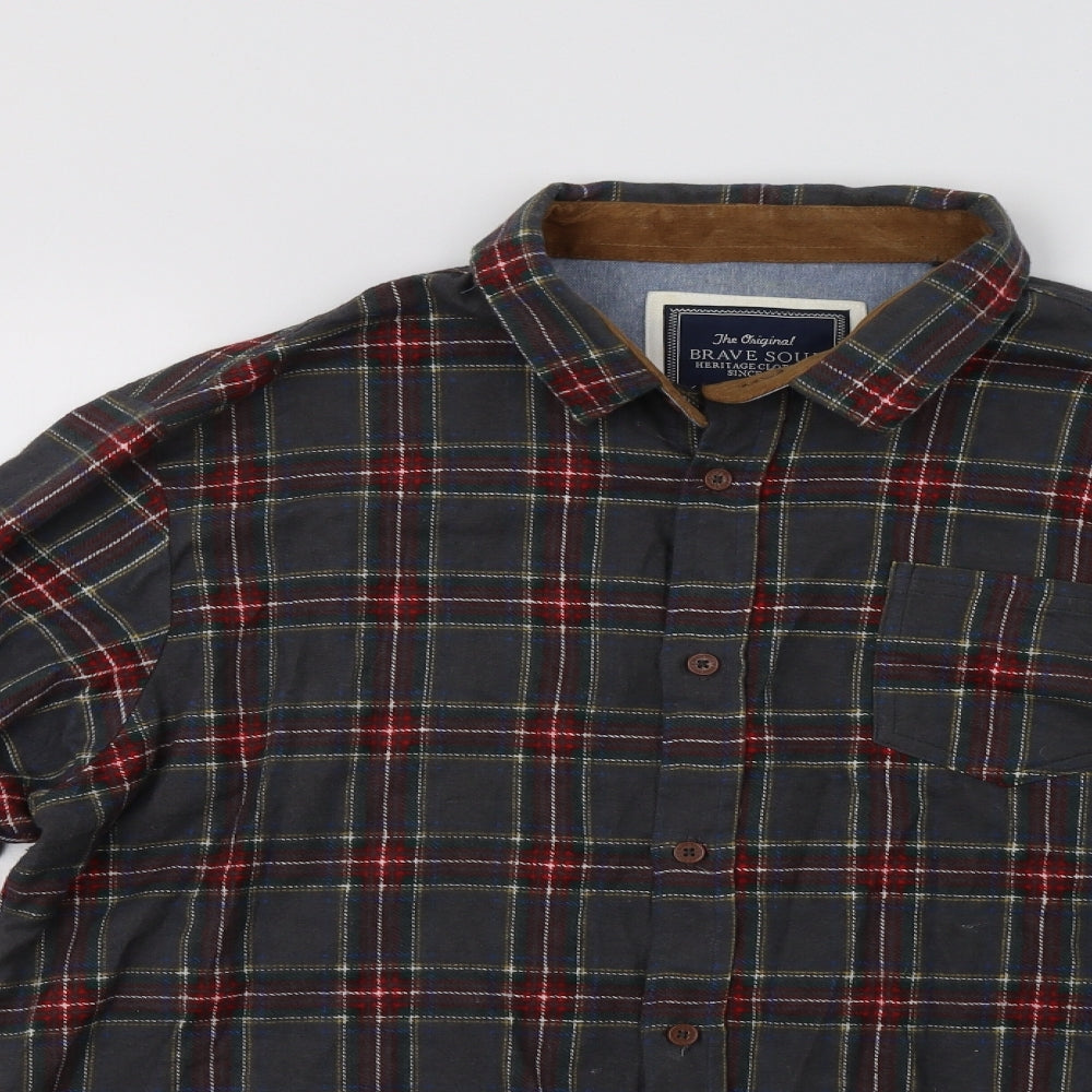 Brave Soul Mens Grey Check Cotton  Button-Up Size L Collared Button