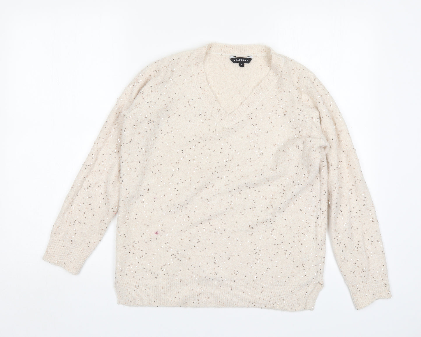 Peacocks Womens Beige V-Neck  Acrylic Pullover Jumper Size S
