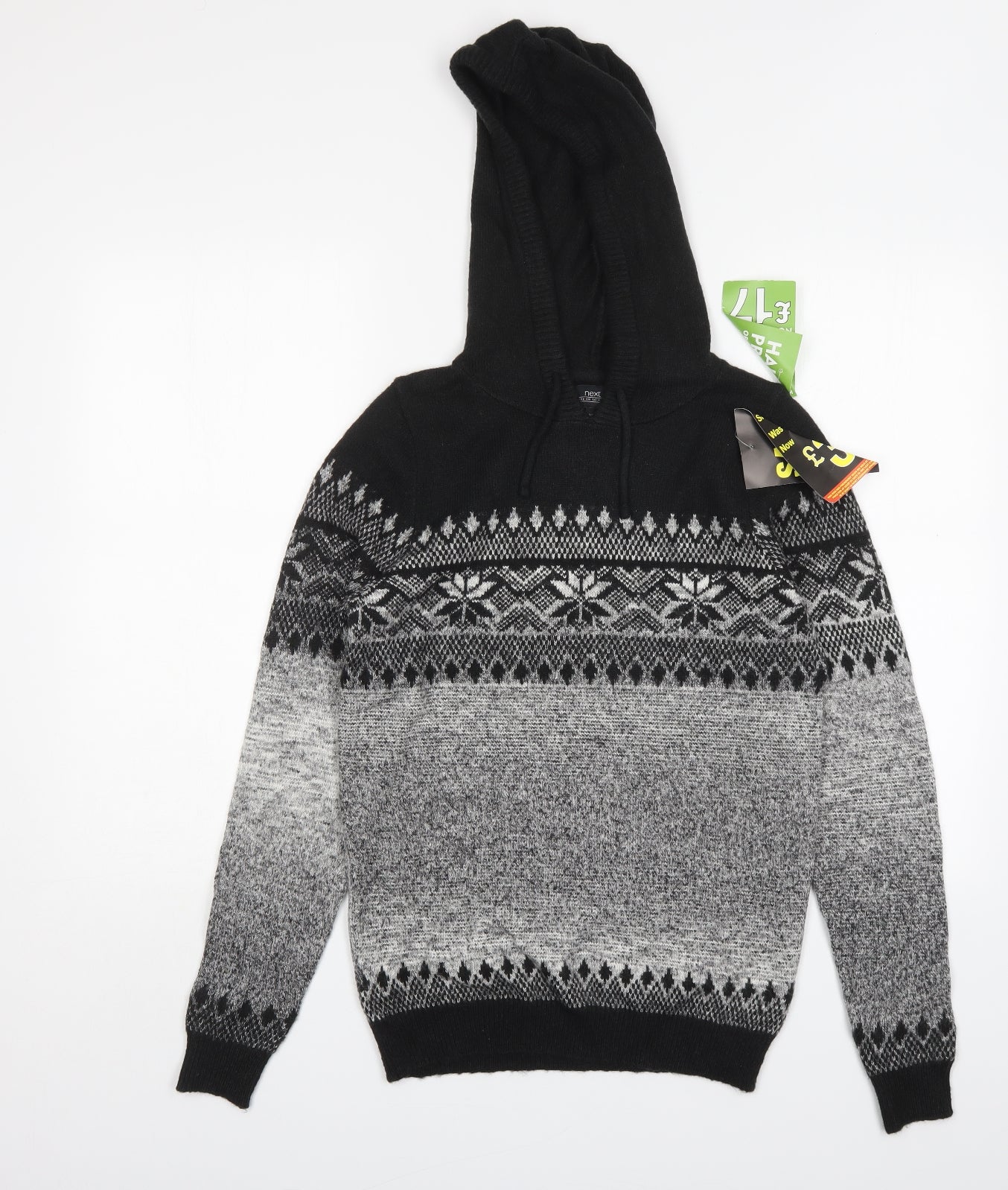 NEXT Mens Grey Fair Isle Acrylic Pullover Hoodie Size XS