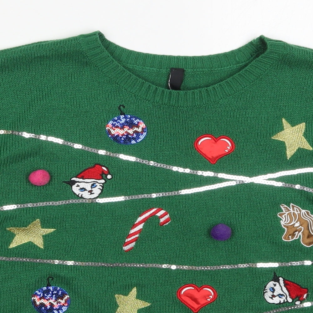 H&M Womens Green Round Neck  Acrylic Pullover Jumper Size M   - Christmas Prints