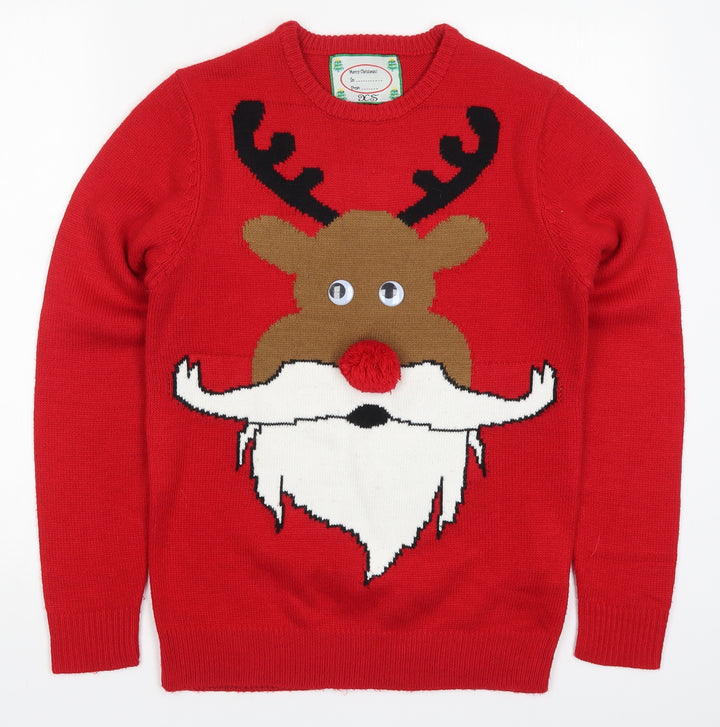 Cedar Wood State Mens Red Round Neck Acrylic Pullover Jumper Size XS - Rudolph Christmas