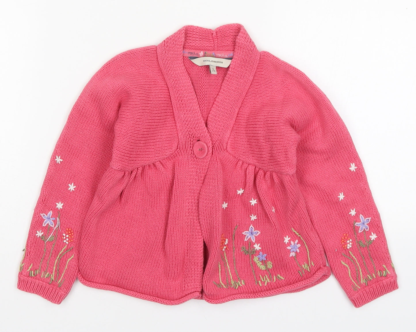 John Rocha Girls Pink V-Neck Floral Cotton Cardigan Jumper Size 5 Years  Button