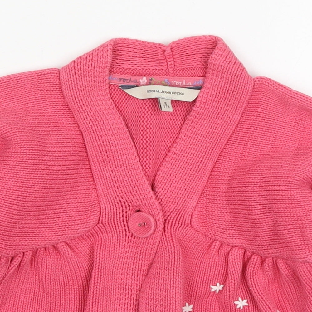 John Rocha Girls Pink V-Neck Floral Cotton Cardigan Jumper Size 5 Years  Button