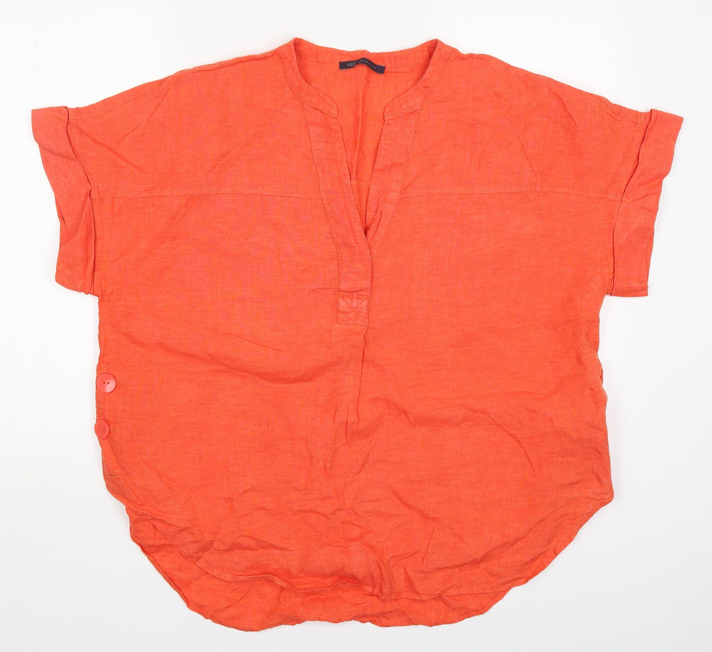 Marks and Spencer Womens Orange  Linen Basic T-Shirt Size 16 V-Neck