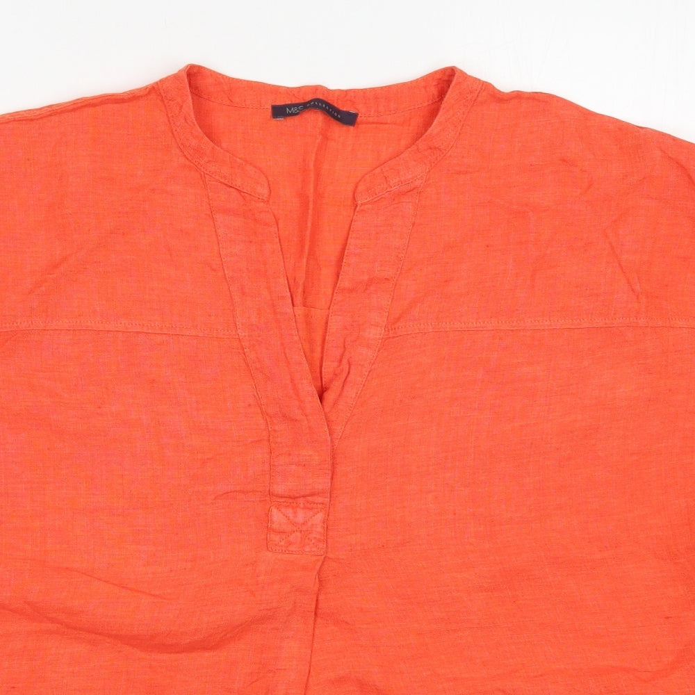 Marks and Spencer Womens Orange  Linen Basic T-Shirt Size 16 V-Neck