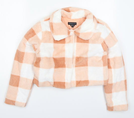 Front view of Wednesdays Girl women’s pink check jacket coat, size XS, button