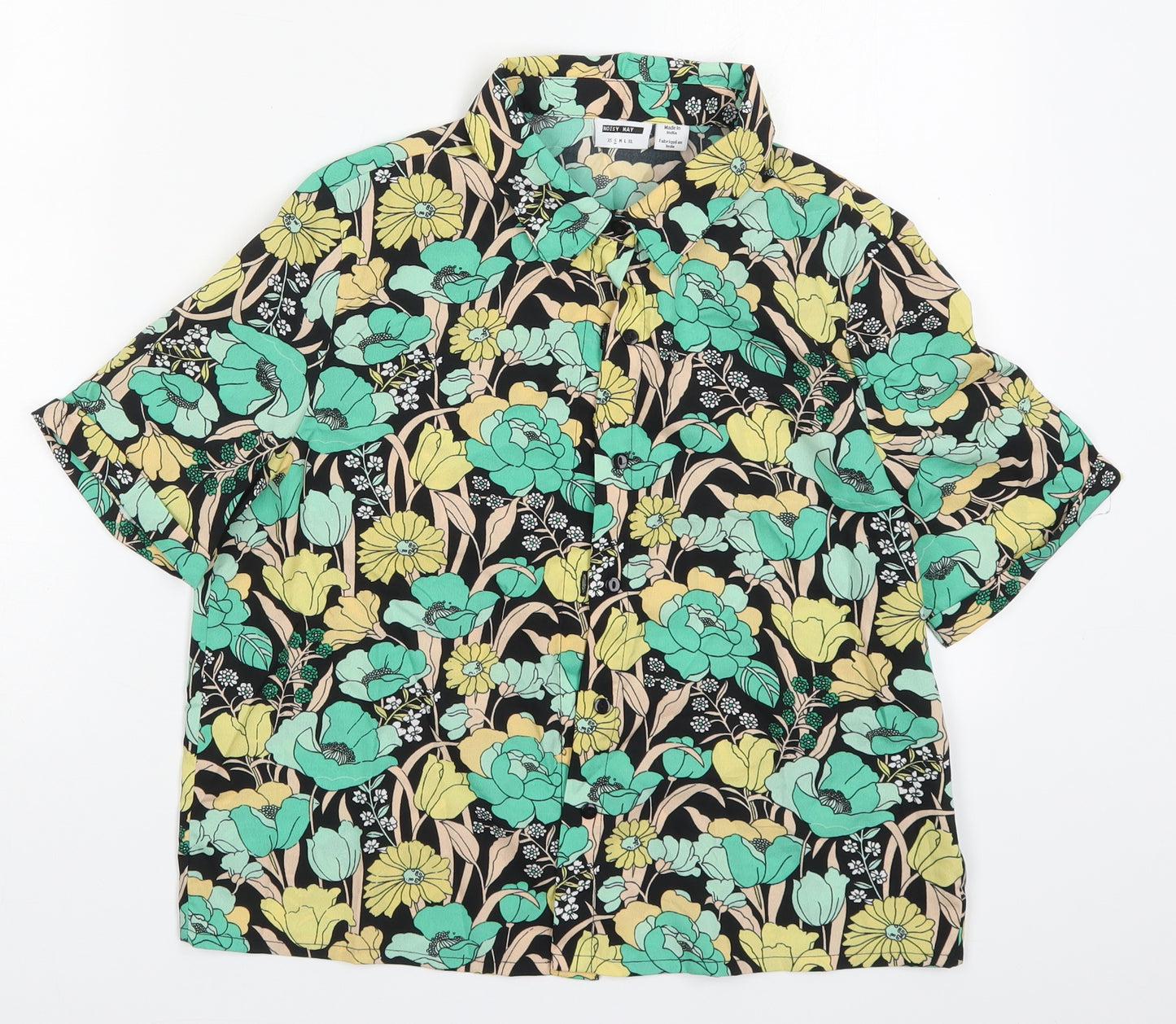 Noisy may Womens Green Floral Polyester Basic Button-Up Size S Collared