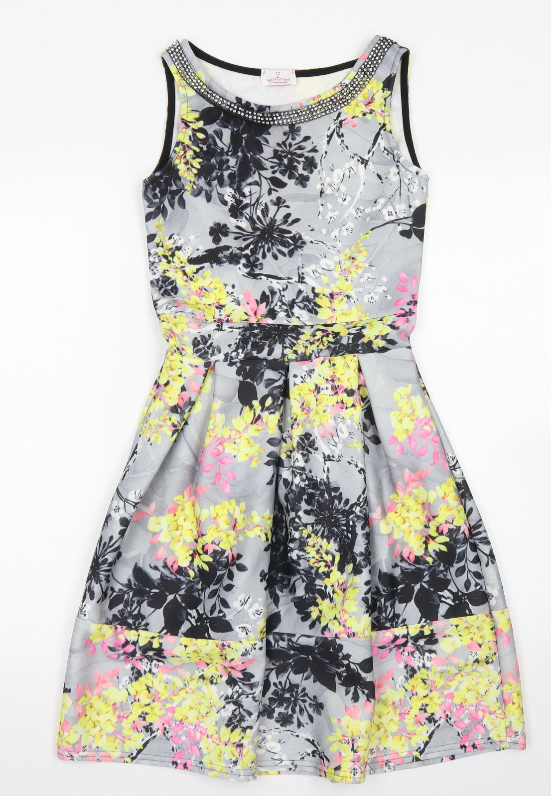 Want That Trend Womens Grey Floral Polyester Skater Dress  Size 8  Round Neck