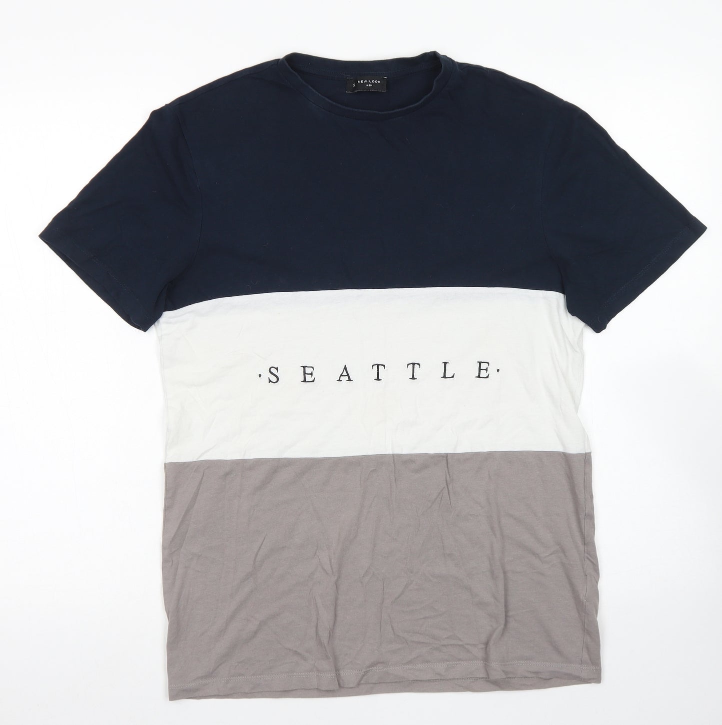 New Look Mens Blue Colourblock Cotton  T-Shirt Size S Crew Neck