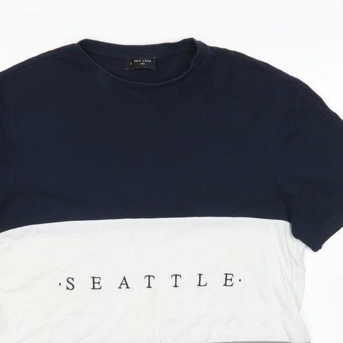 New Look Mens Blue Colourblock Cotton  T-Shirt Size S Crew Neck