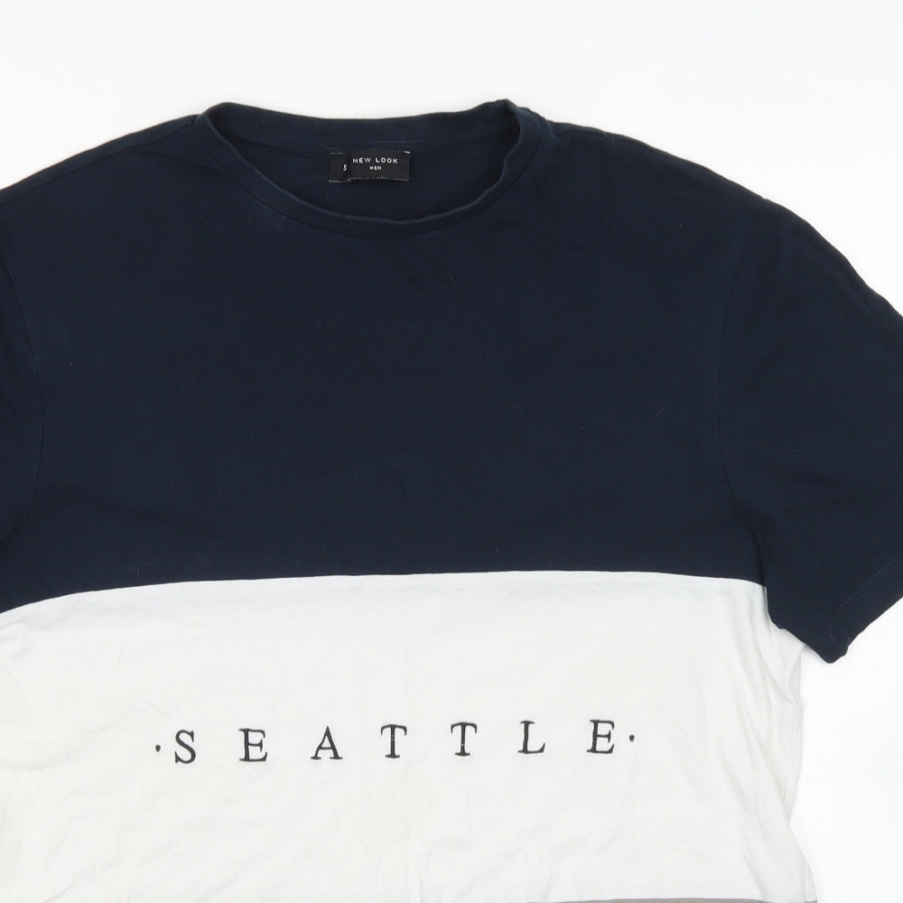New Look Mens Blue Colourblock Cotton  T-Shirt Size S Crew Neck