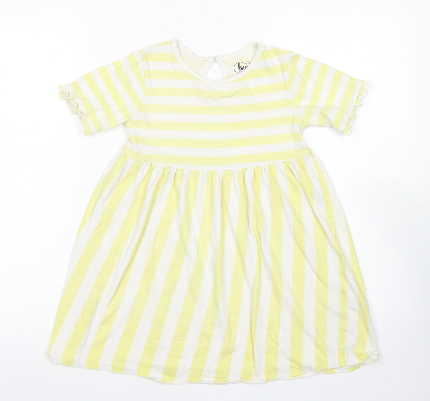 Hullabaloo Girls Yellow Striped Cotton Skater Dress  Size 7-8 Years  Crew Neck Button