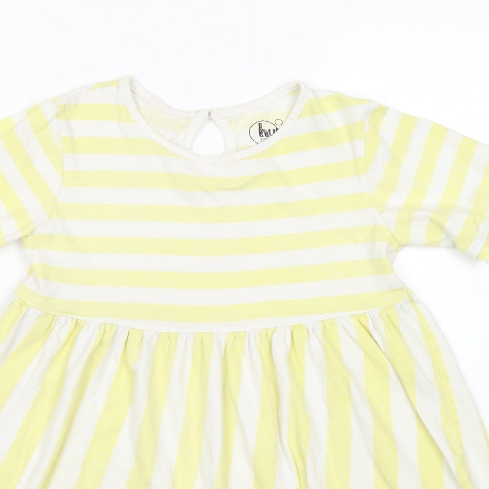 Hullabaloo Girls Yellow Striped Cotton Skater Dress  Size 7-8 Years  Crew Neck Button