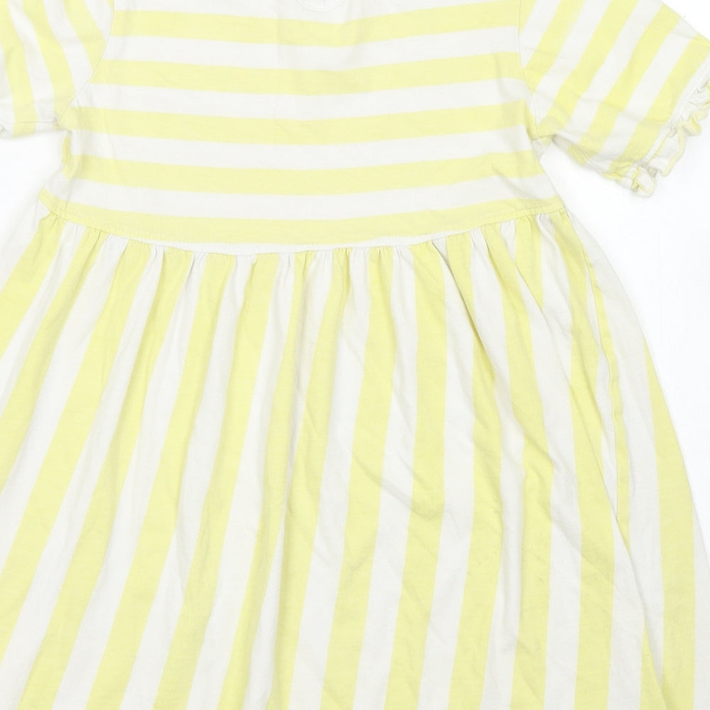 Hullabaloo Girls Yellow Striped Cotton Skater Dress  Size 7-8 Years  Crew Neck Button