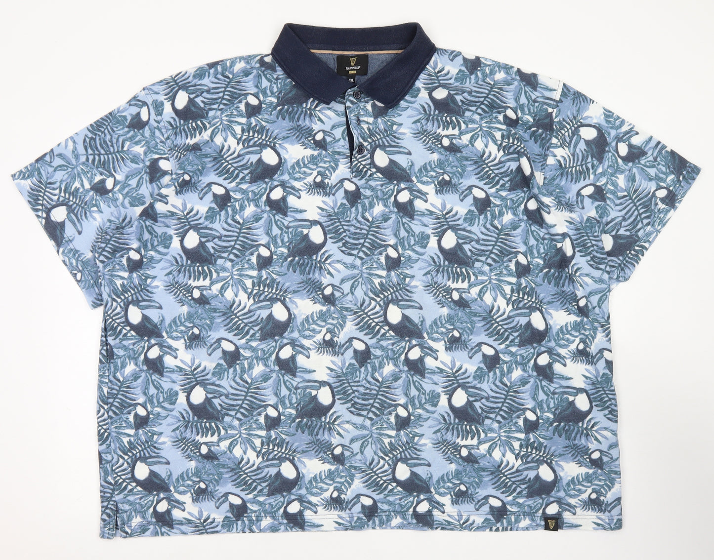 Guinness Mens Blue Floral Cotton  Polo Size 4XL Collared Button - Toucan print