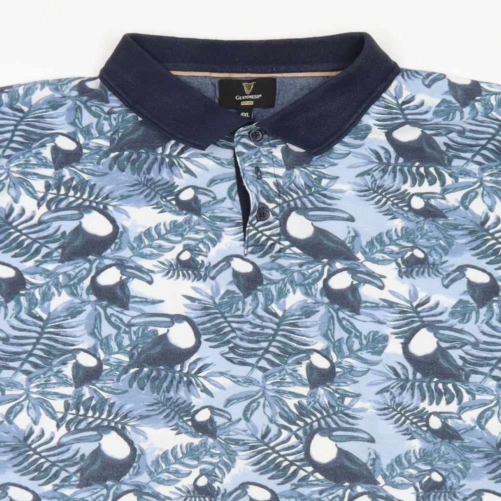 Guinness Mens Blue Floral Cotton  Polo Size 4XL Collared Button - Toucan print
