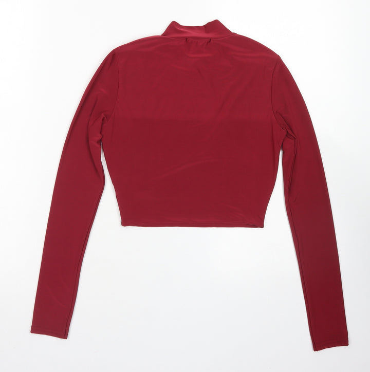 PRETTYLITTLETHING Womens Red  Polyester Cropped T-Shirt Size 4 Mock Neck