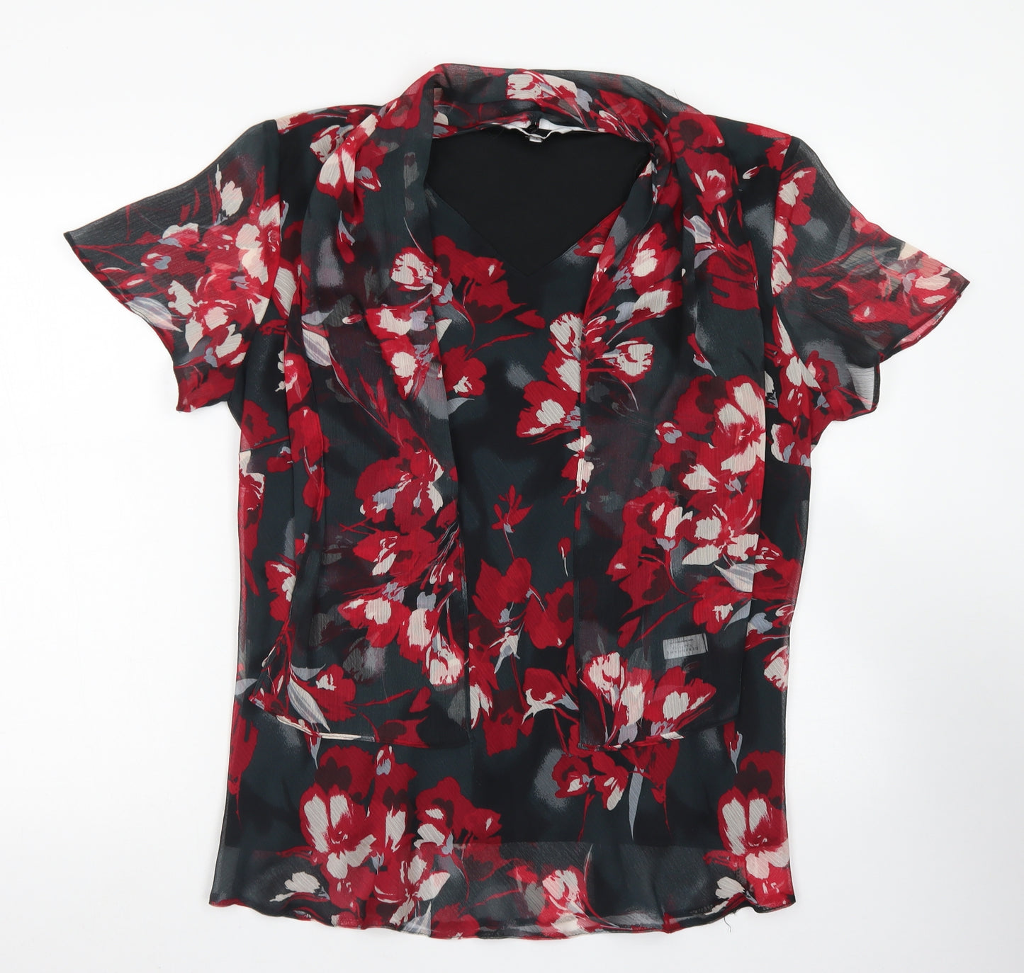Debenhams Womens Black Floral Polyester Basic Blouse Size 18 V-Neck - Attached Neckerchief