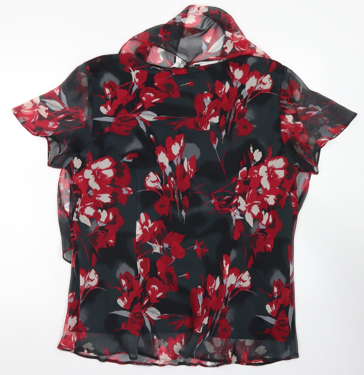 Debenhams Womens Black Floral Polyester Basic Blouse Size 18 V-Neck - Attached Neckerchief