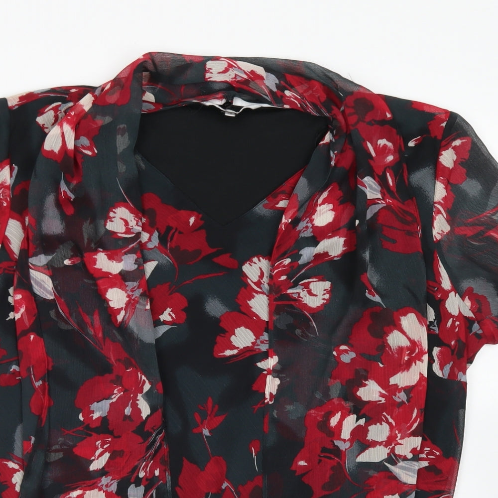 Debenhams Womens Black Floral Polyester Basic Blouse Size 18 V-Neck - Attached Neckerchief