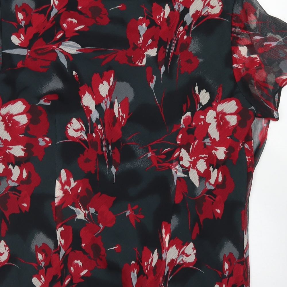 Debenhams Womens Black Floral Polyester Basic Blouse Size 18 V-Neck - Attached Neckerchief