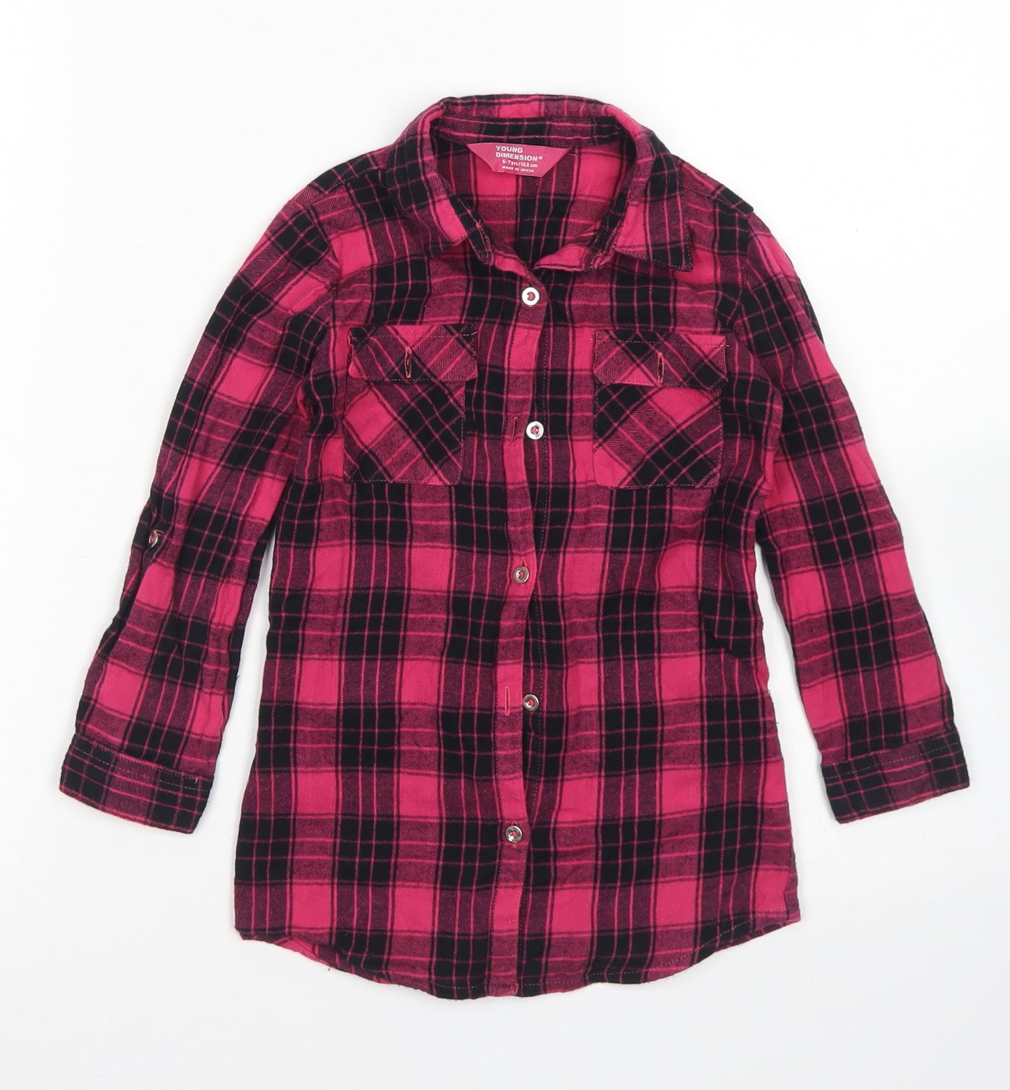 Young Dimension Girls Pink Plaid Cotton Basic Button-Up Size 6-7 Years Collared Button