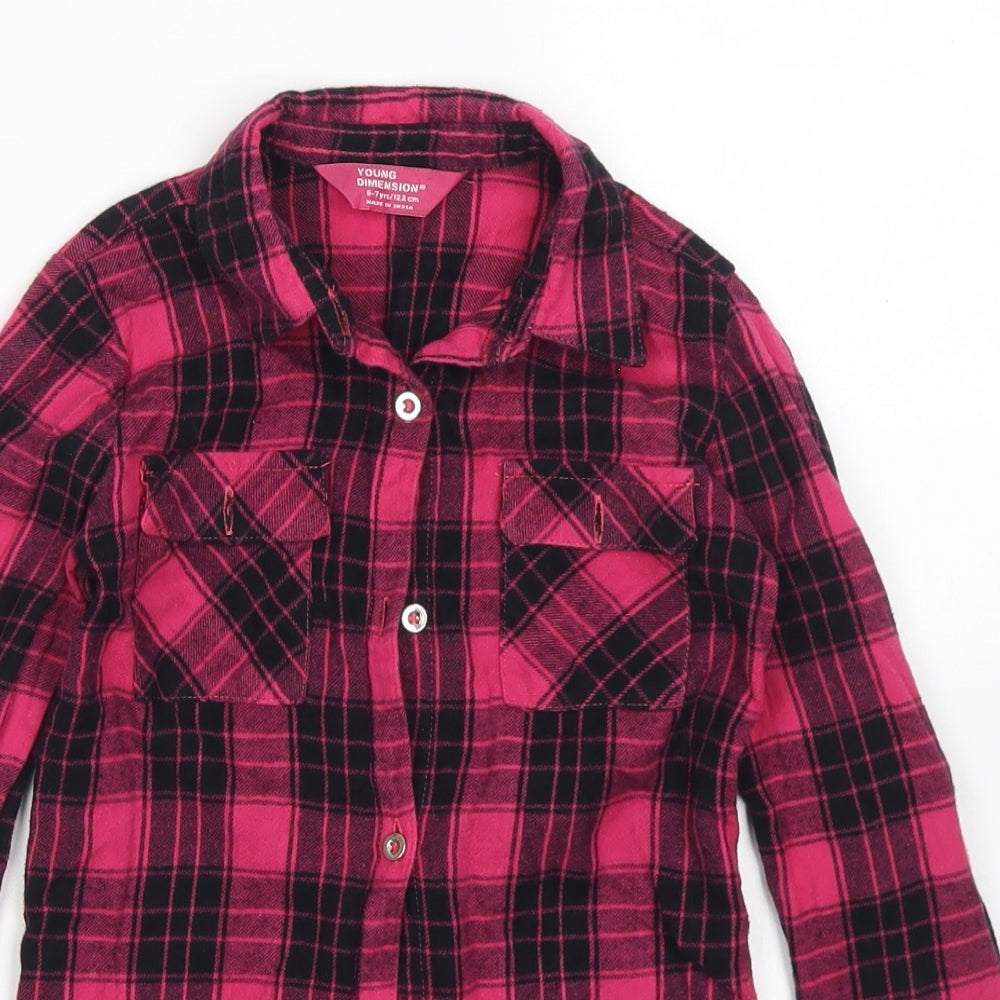 Young Dimension Girls Pink Plaid Cotton Basic Button-Up Size 6-7 Years Collared Button