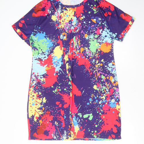 Preworn Womens Multicoloured Geometric Polyester Blend T-Shirt Dress  Size M  Round Neck
