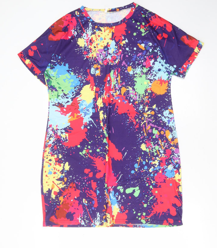 Preworn Womens Multicoloured Geometric Polyester Blend T-Shirt Dress Size M Round Neck