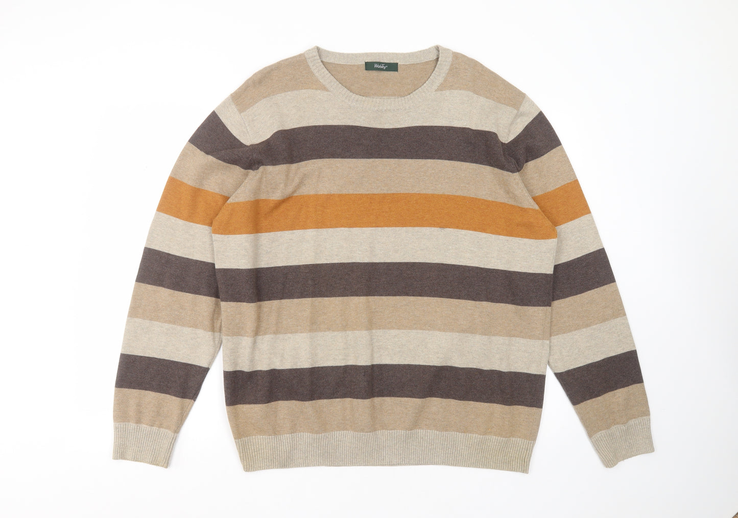 Wolsey Mens Brown Round Neck Striped Cotton Pullover Jumper Size L