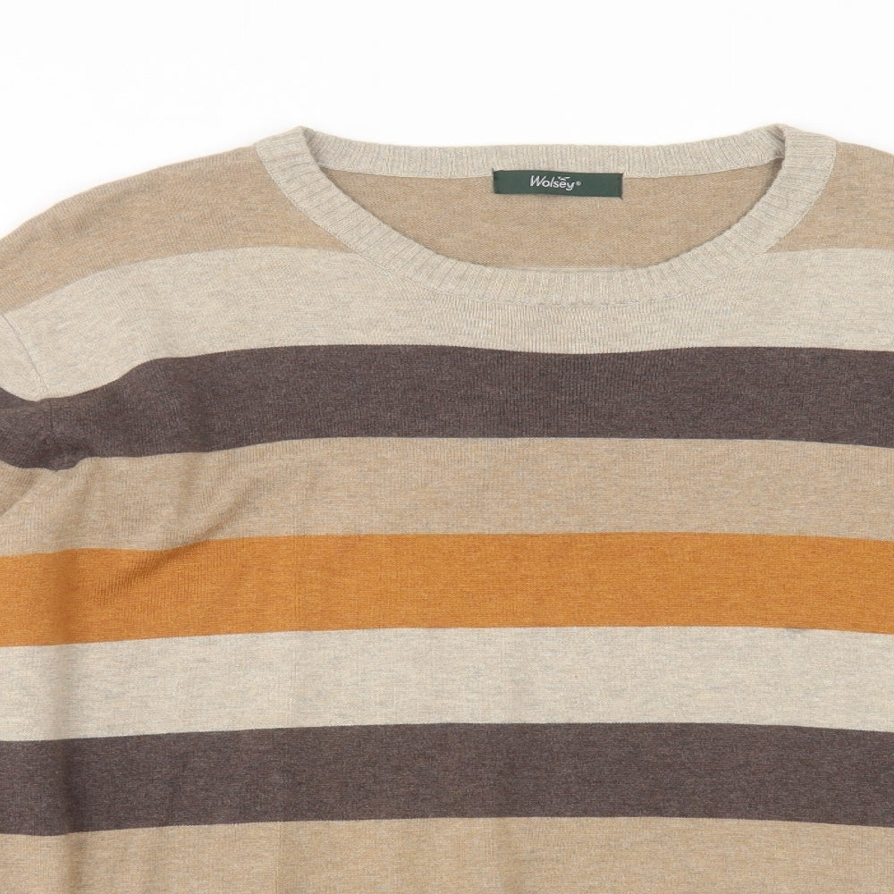Wolsey Mens Brown Round Neck Striped Cotton Pullover Jumper Size L