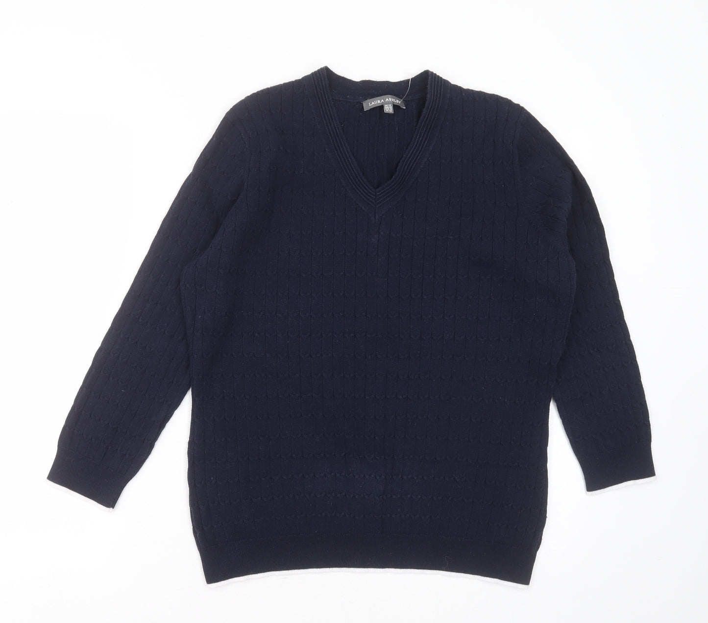 Laura Ashley Womens Blue V-Neck Striped Cotton Pullover Jumper Size 14