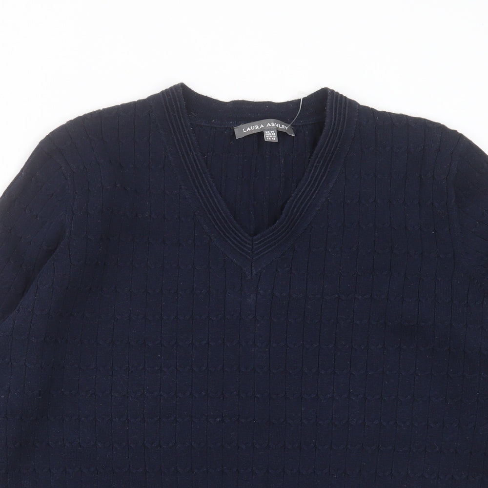 Laura Ashley Womens Blue V-Neck Striped Cotton Pullover Jumper Size 14