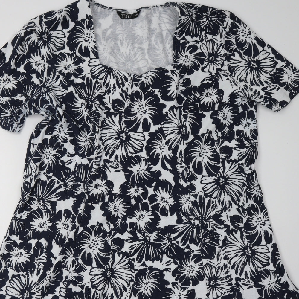 tigi Womens Blue Floral Cotton A-Line  Size 18  Square Neck Pullover