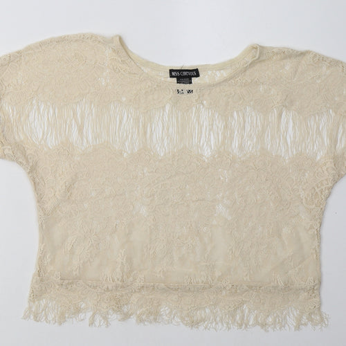 miss chevous Womens White  Nylon Basic T-Shirt Size L Crew Neck - Lace Detail