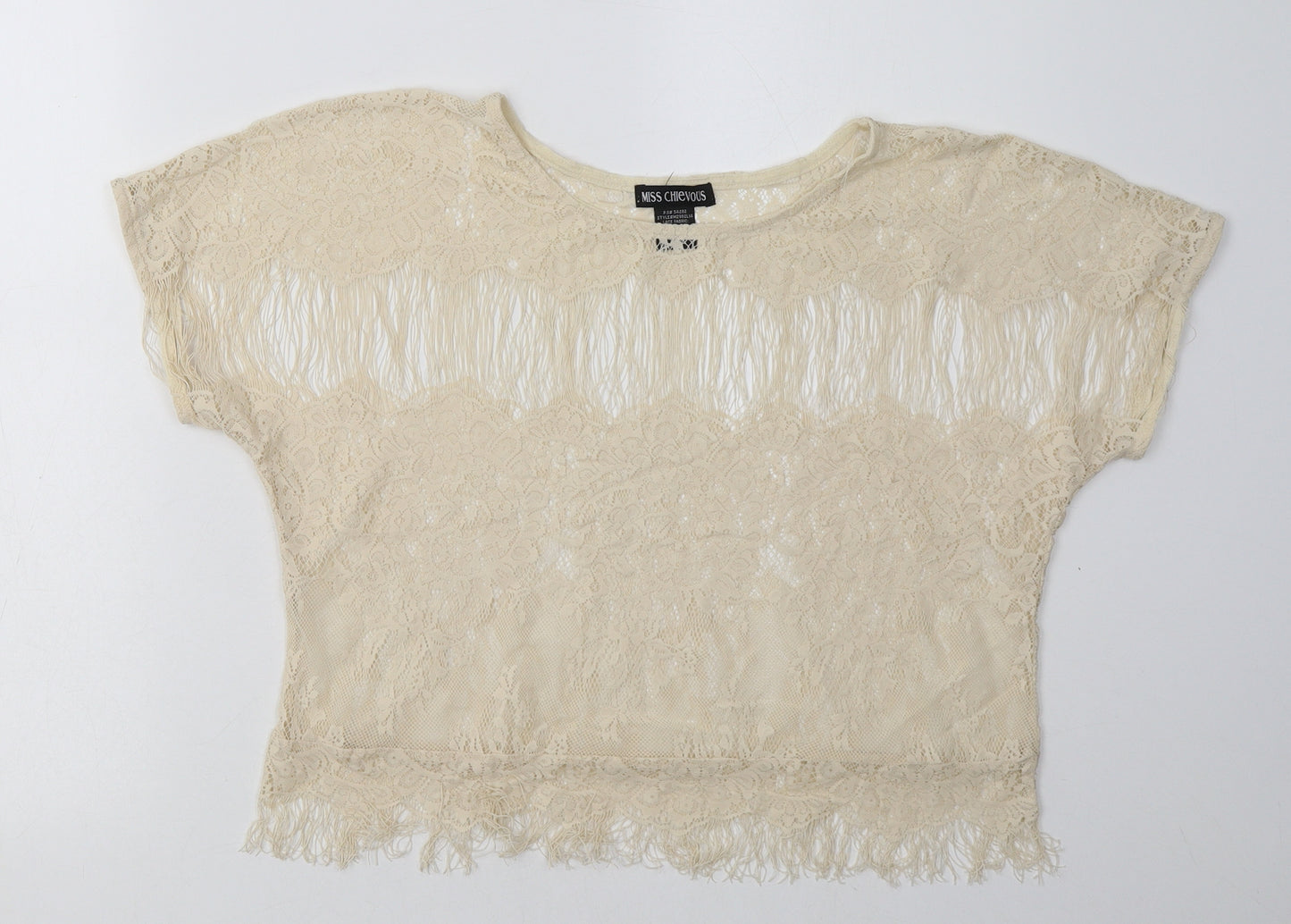 miss chevous Womens White  Nylon Basic T-Shirt Size L Crew Neck - Lace Detail