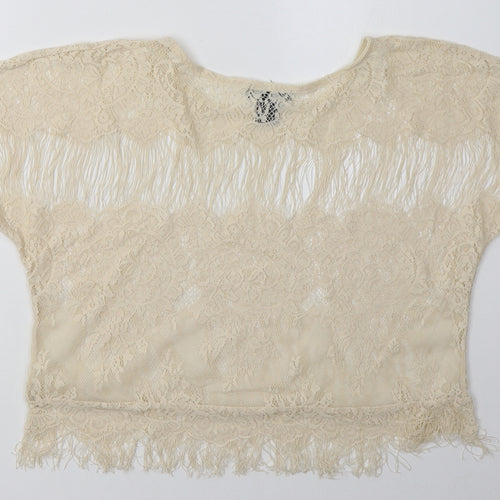 miss chevous Womens White  Nylon Basic T-Shirt Size L Crew Neck - Lace Detail